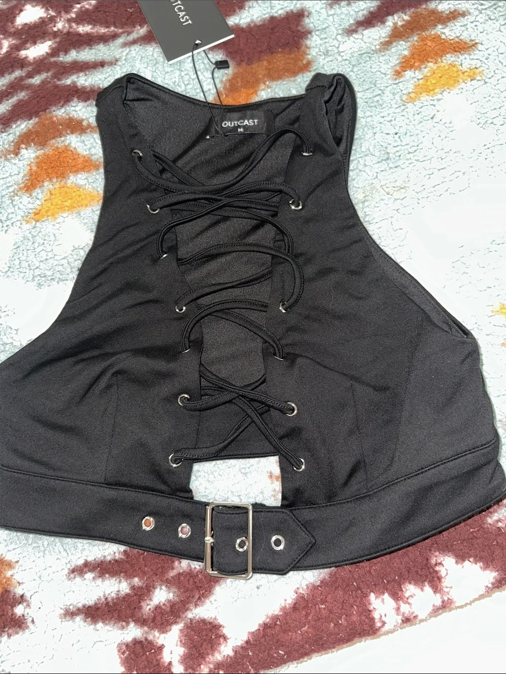 OUTCAST NEW WITH TAGS SIZE MEDIUM BRAX CROP Black Lace-Up Crop Top - Picture 7 of 8
